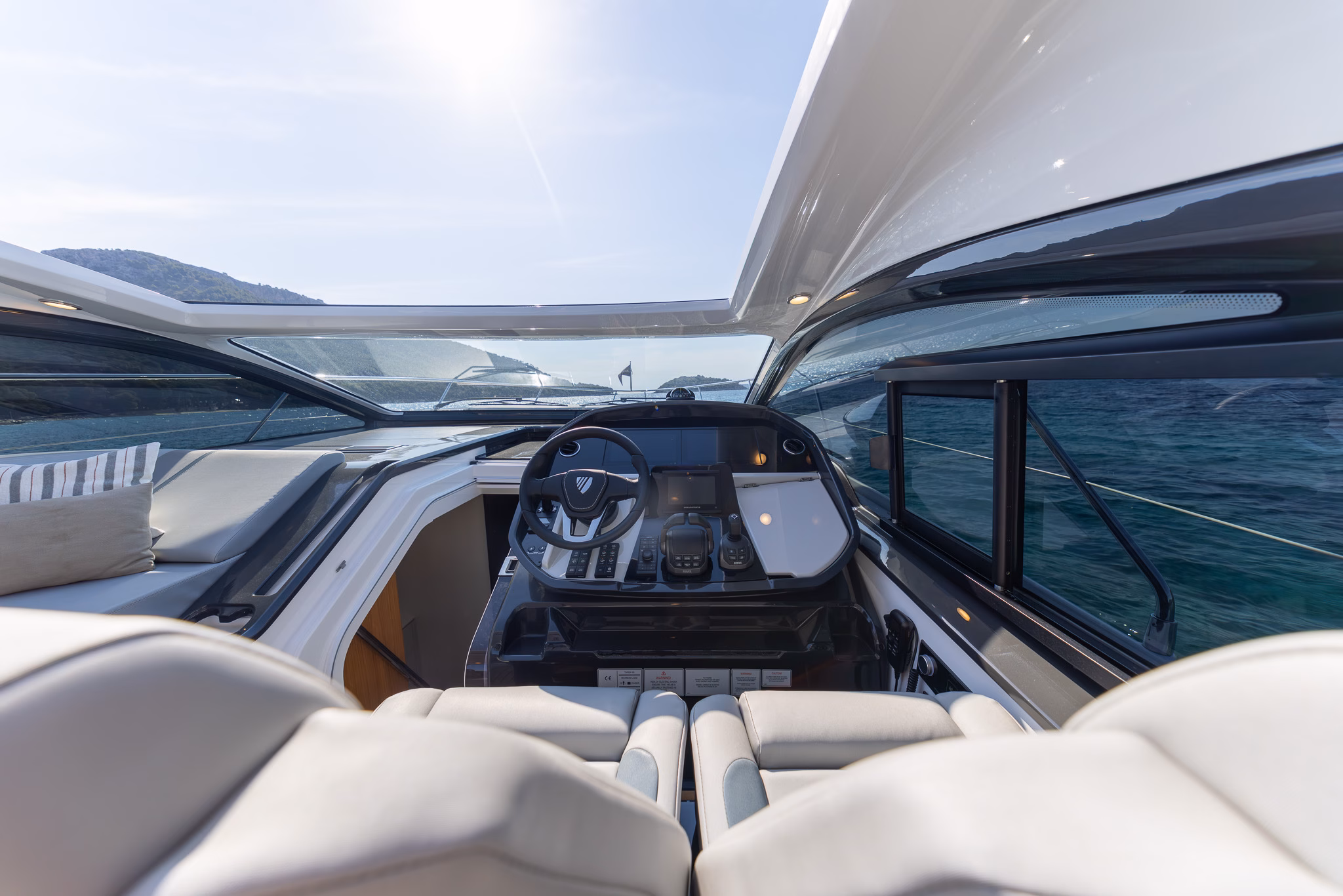 Yacht helm and seating area.