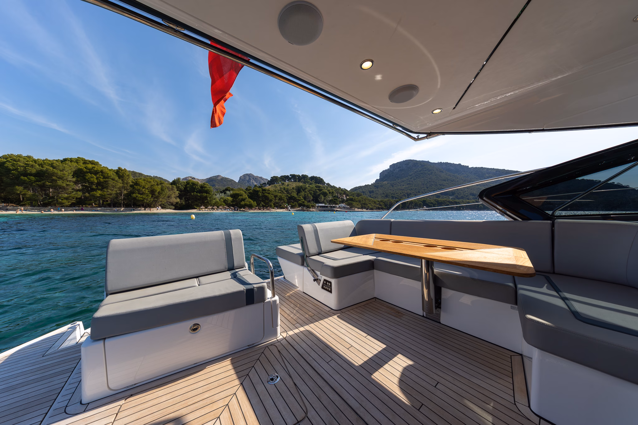 Yacht seating with coastal view
