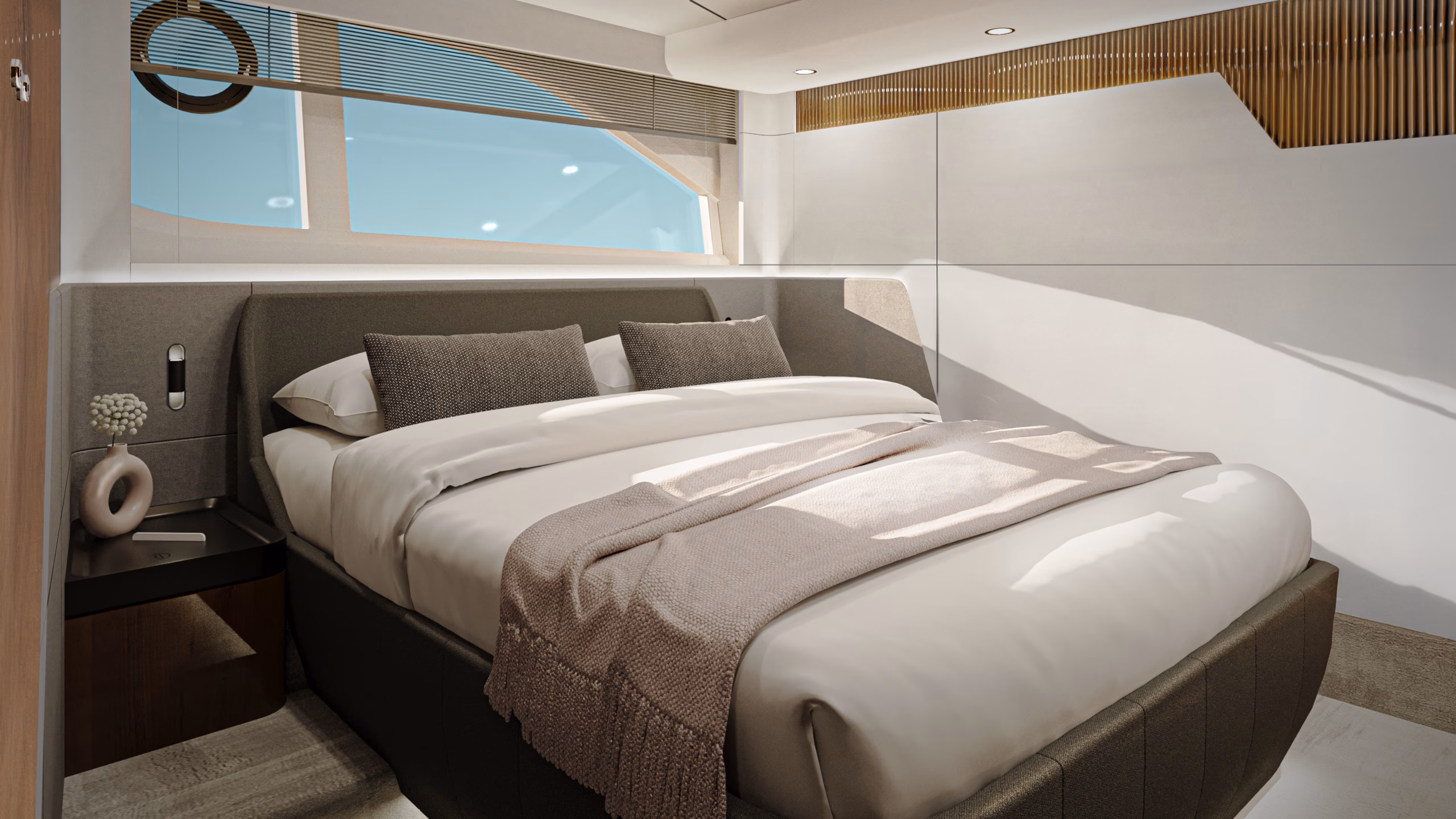 Luxurious yacht bedroom with sea view