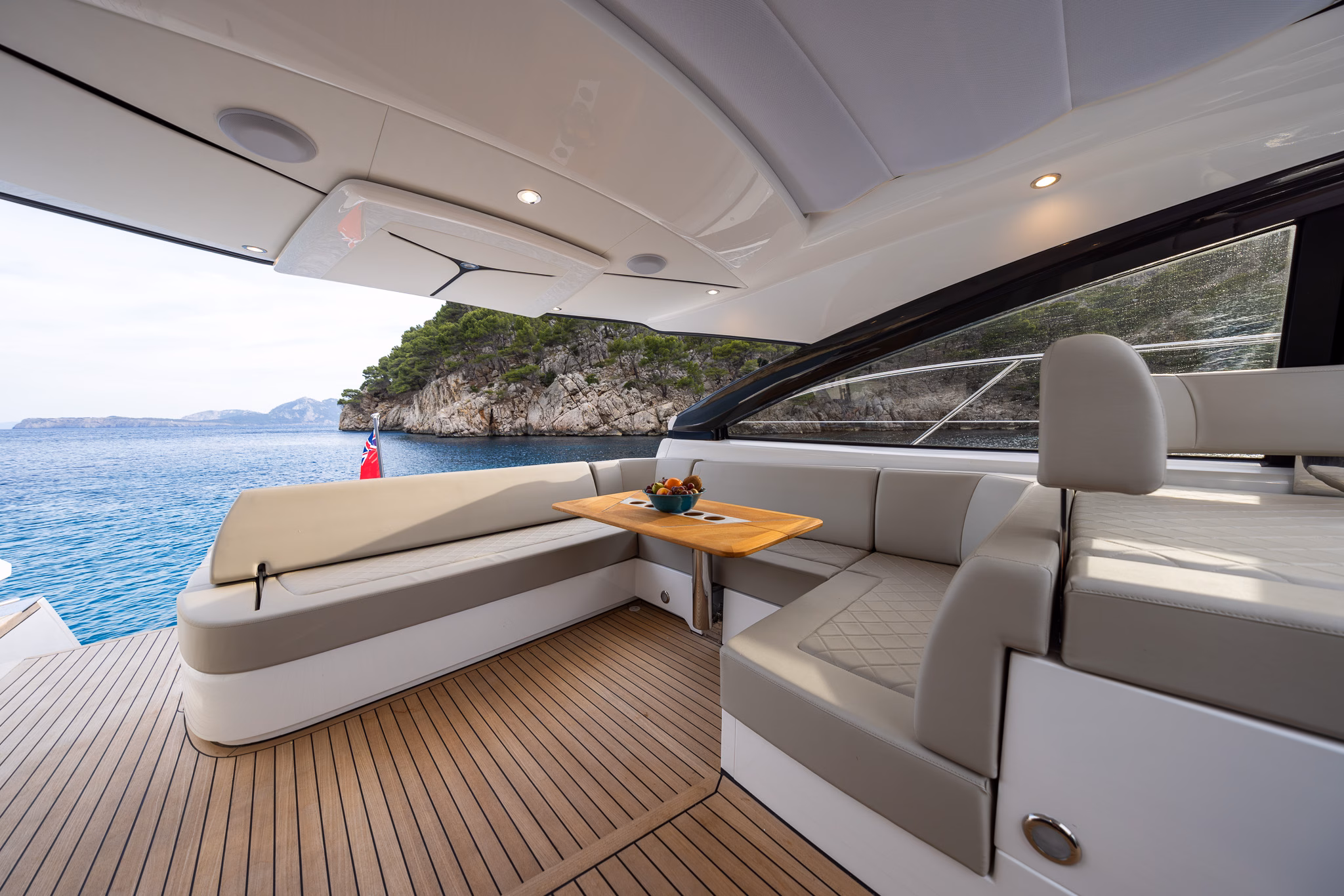 Luxury yacht seating area outdoors.
