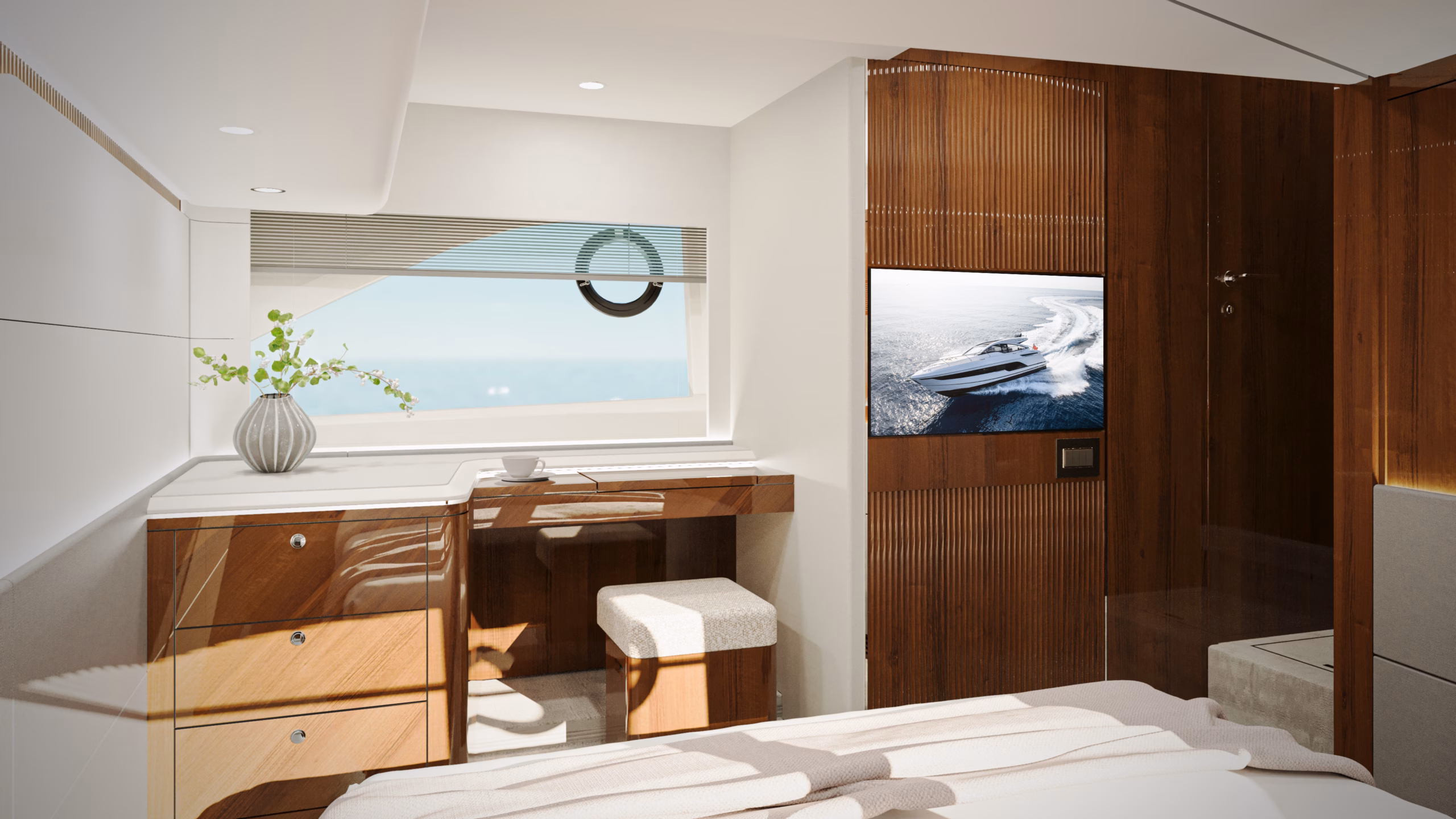 Modern cabin with ocean view.
