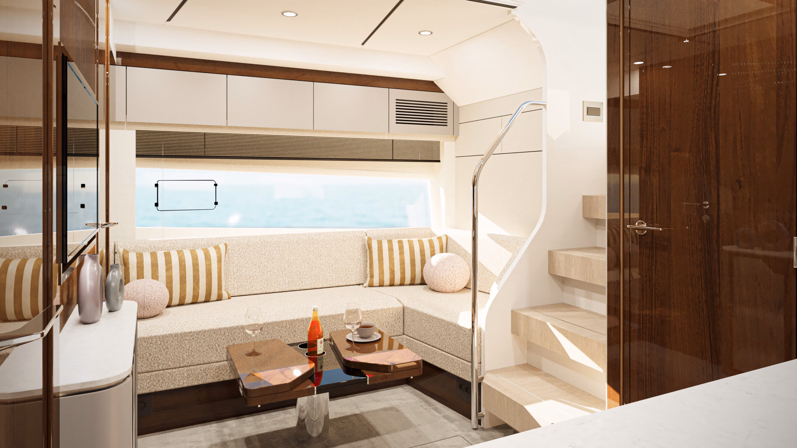 Luxury yacht interior with sea view