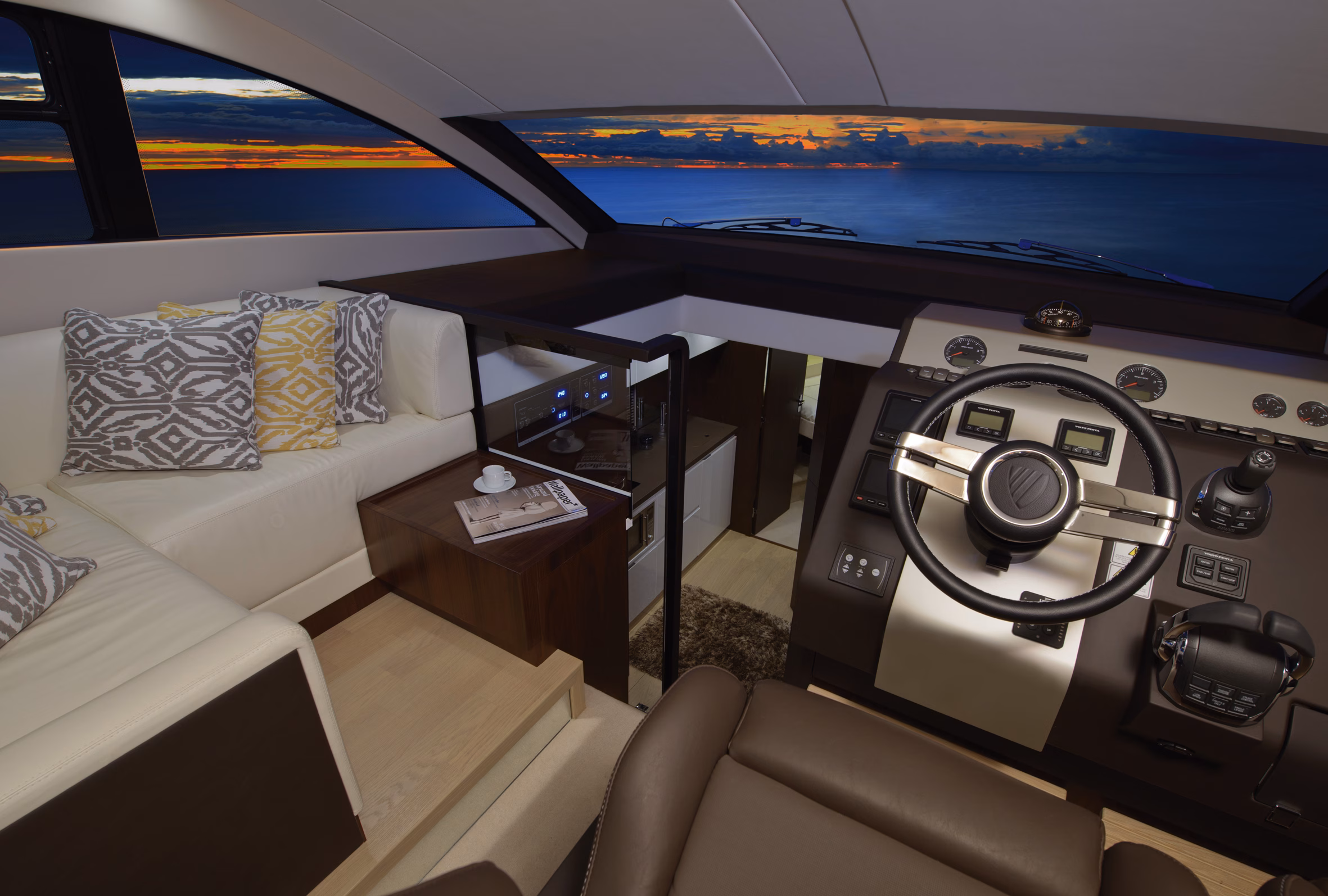 Luxury yacht interior with ocean view.