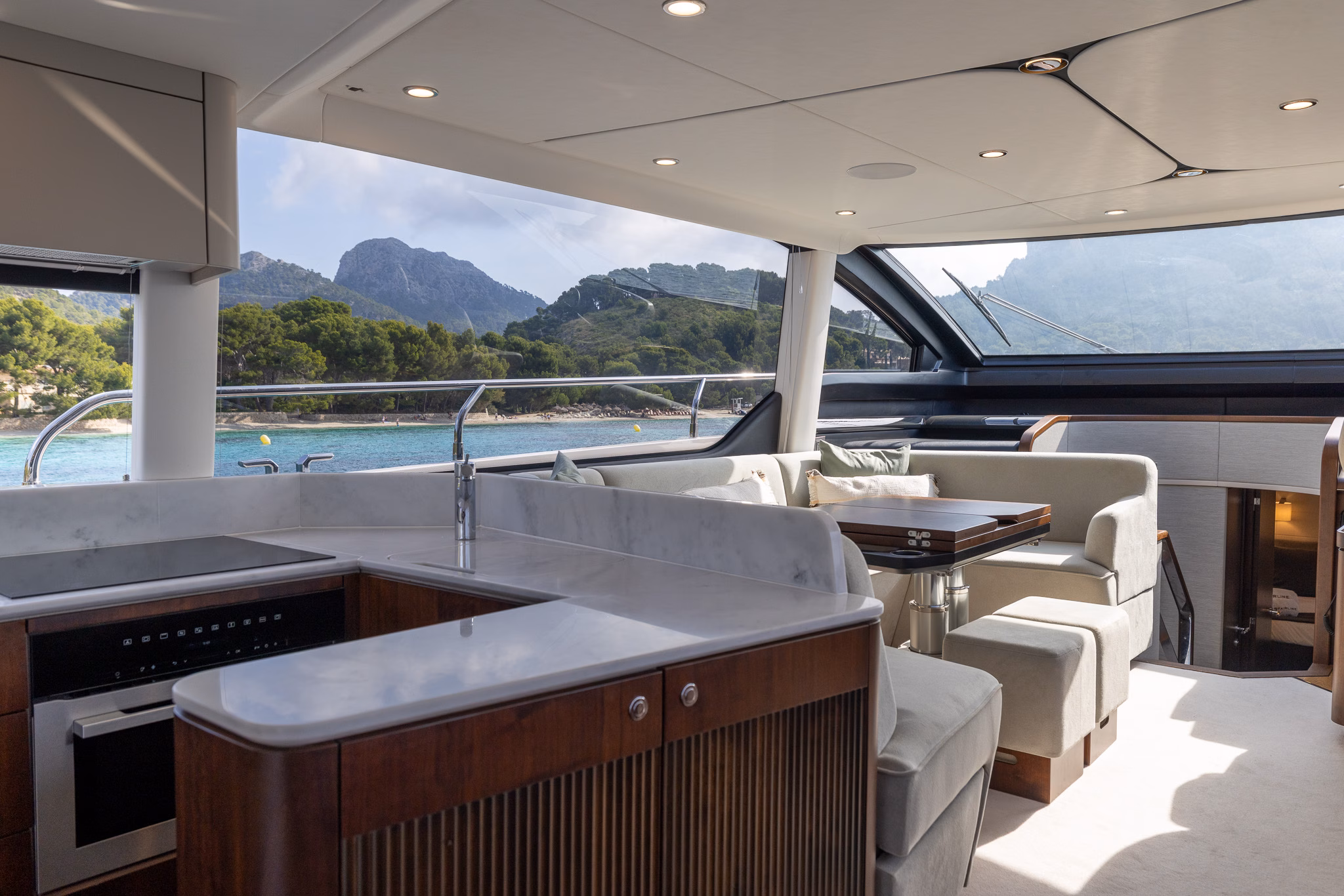 Luxury yacht interior overlooking ocean