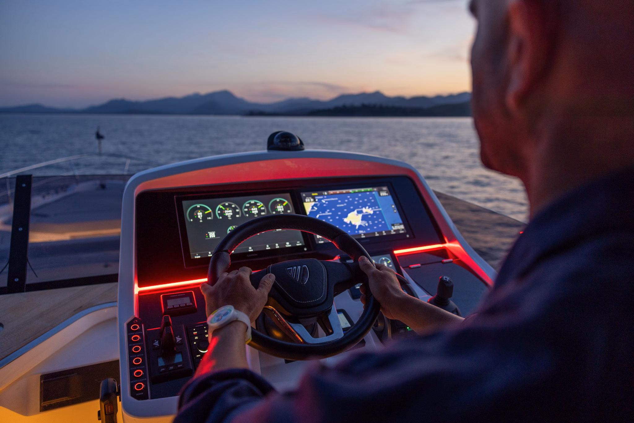 Boat helm at sunset
