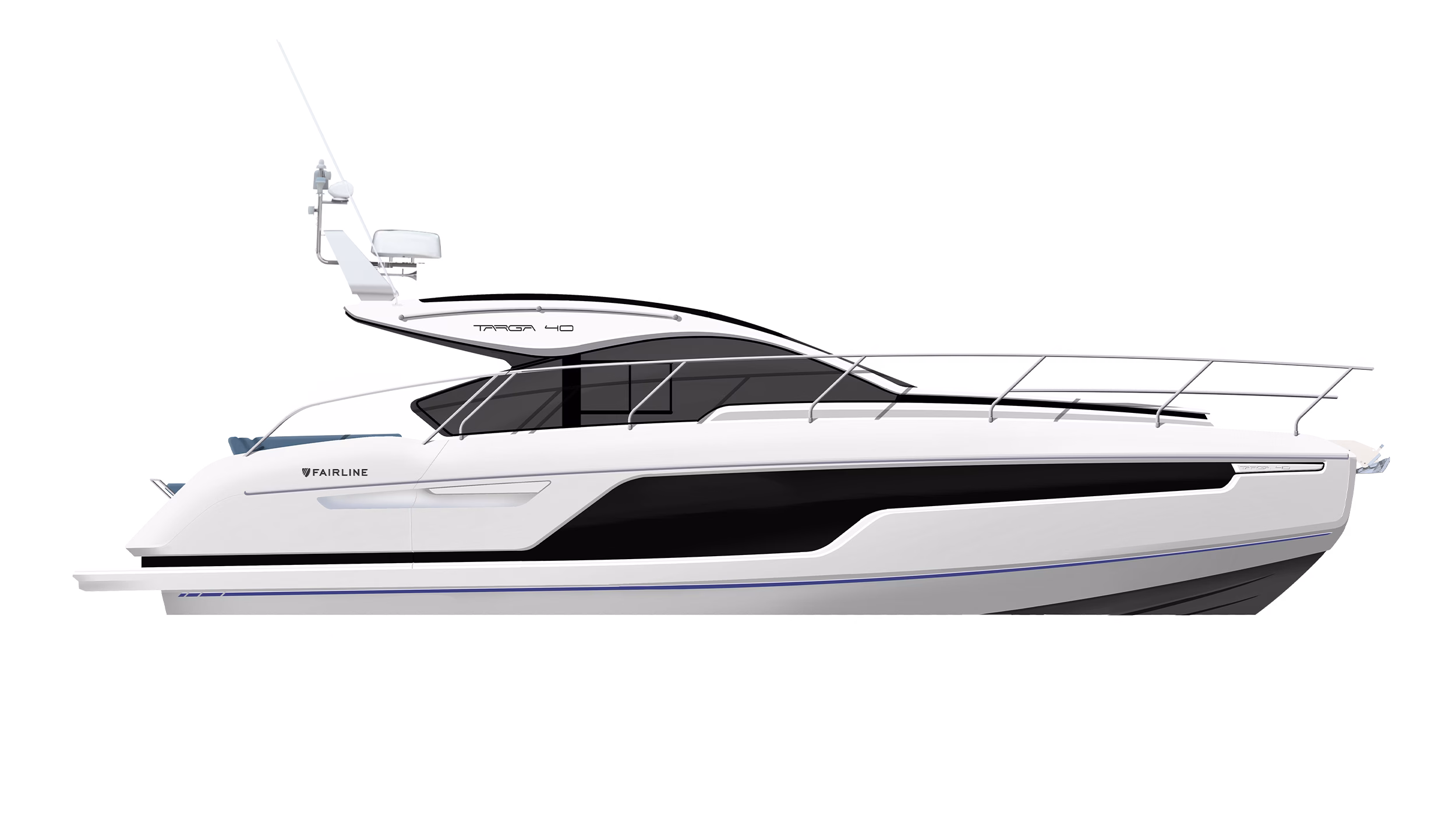 White motor yacht with blue trim