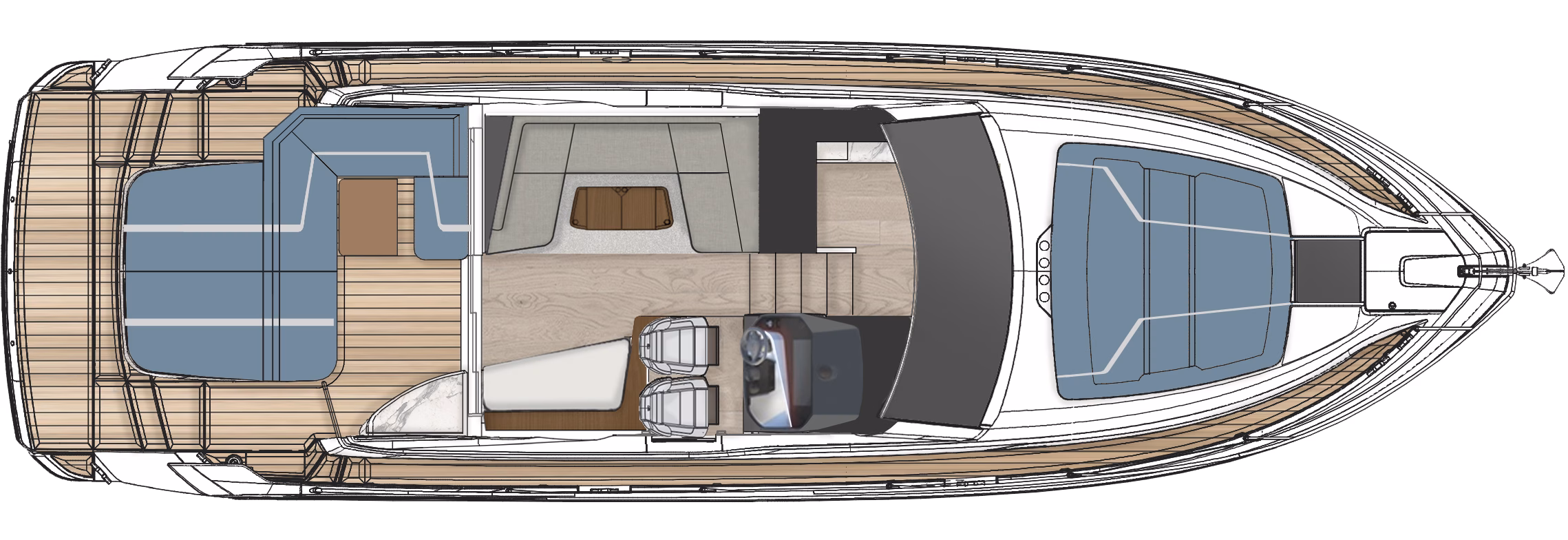 Boat interior blueprint view.